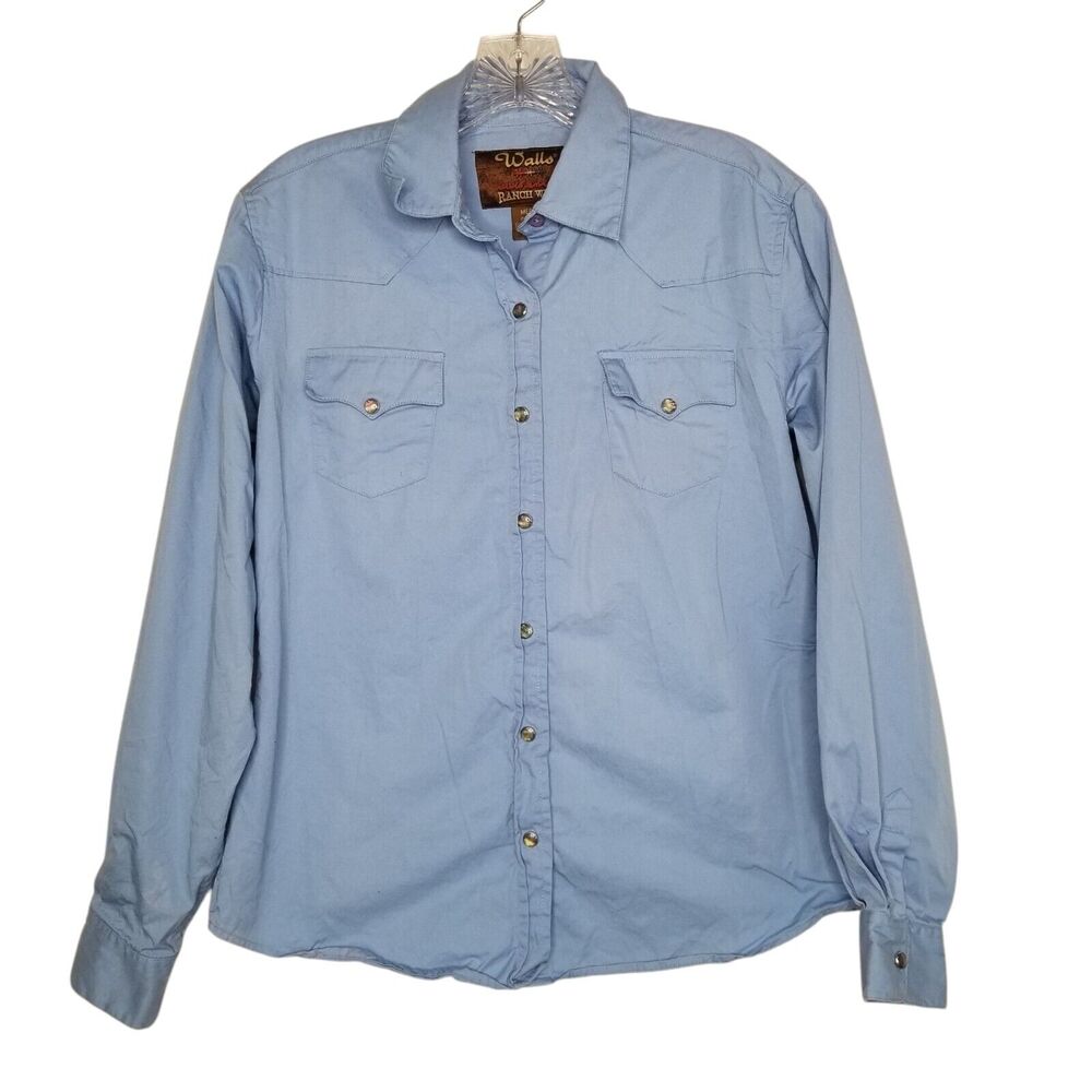 Walls Cowgirl Ranch Wear Shirt Blue Pearl Snap Medium Western Workwear